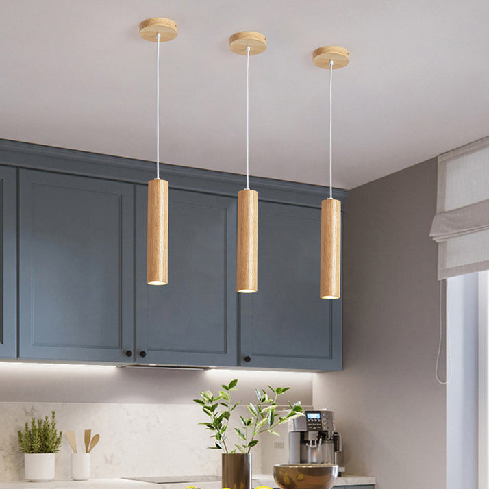 Minimalist Rubberwood Cylinder Spotlight LED Pendant Light