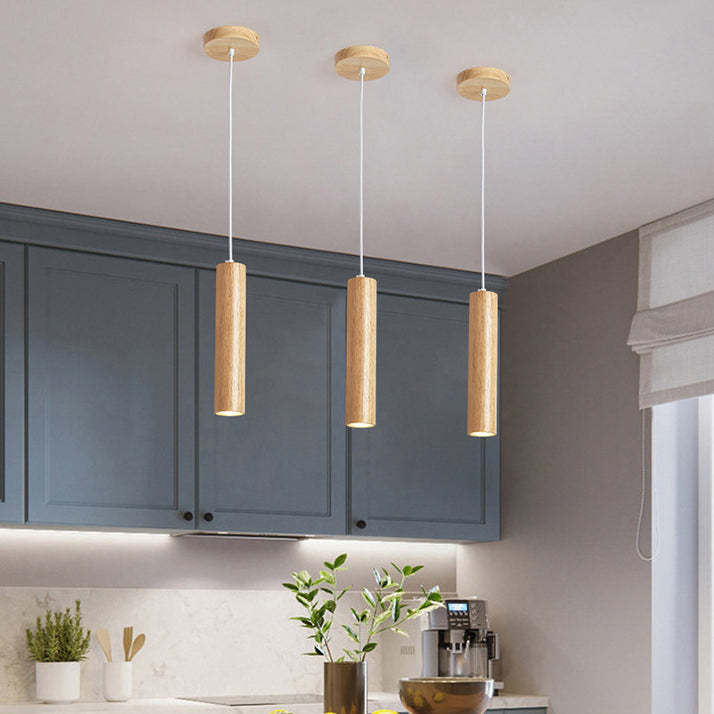 Minimalist Rubberwood Cylinder Spotlight LED Pendant Light