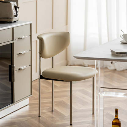 Minimalist Leather Square Dining Chair Curved Backrest — Beige