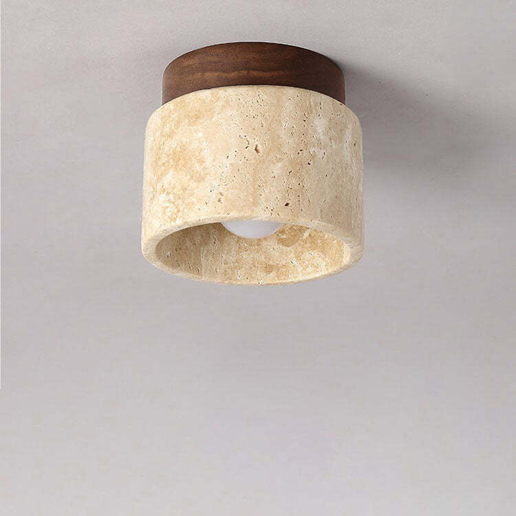 Japanese Round Yellow Travertine Semi-Flush Ceiling Light