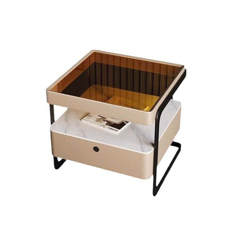 Nordic Reinforced Glass Leather Wood Nightstand 1-Drawer
