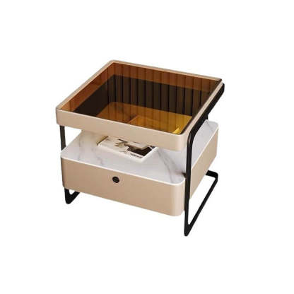 Nordic Reinforced Glass Leather Wood Nightstand 1-Drawer