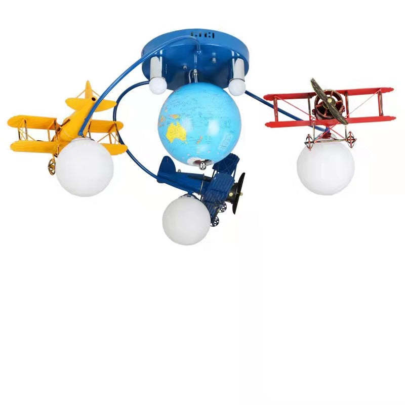 Art Deco Orb Airplane Globe Glass Iron Kids Flush Light