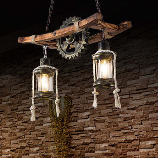 Vintage Industrial Wood Metal Island Chandelier