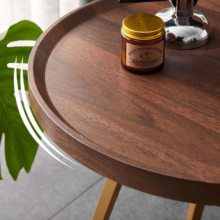 Minimalist Walnut Grain Round Tray End Table — Imitation Marble White + Black Frame