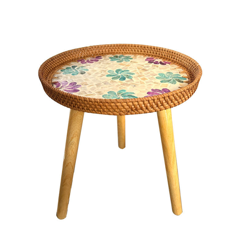 Rustic Handmade Shell Wood Rattan Side Table