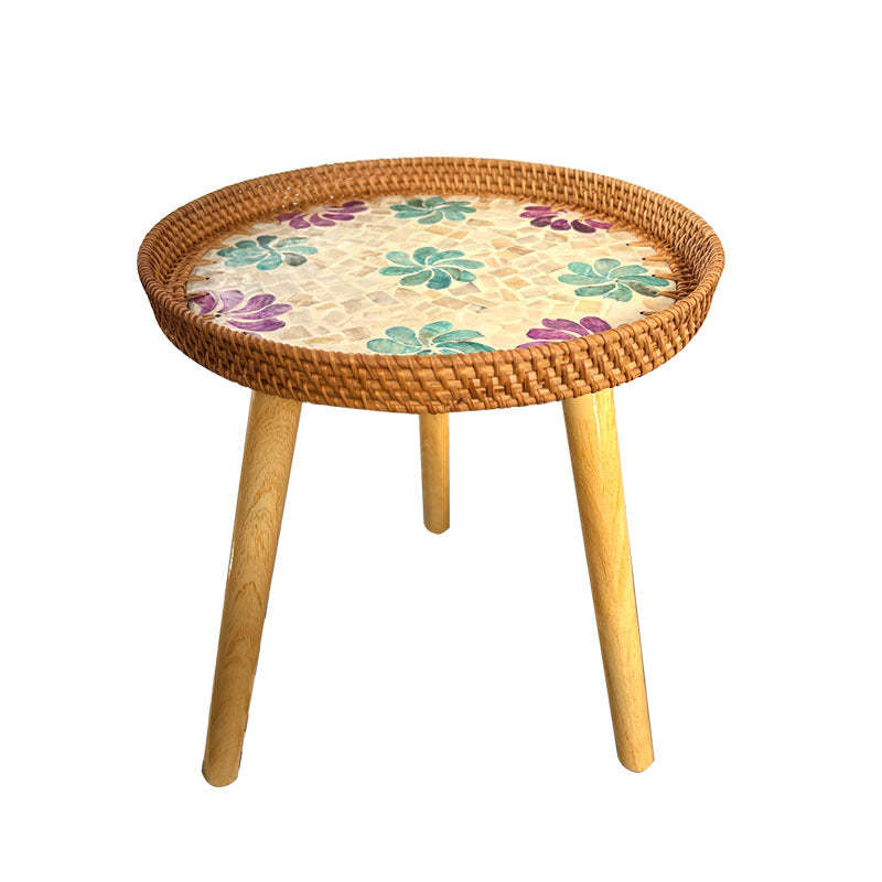 Rustic Handmade Shell Wood Rattan Side Table