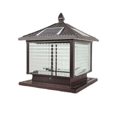 Retro Square Die-Cast Aluminum Glass Solar Column Light — B / Solar
