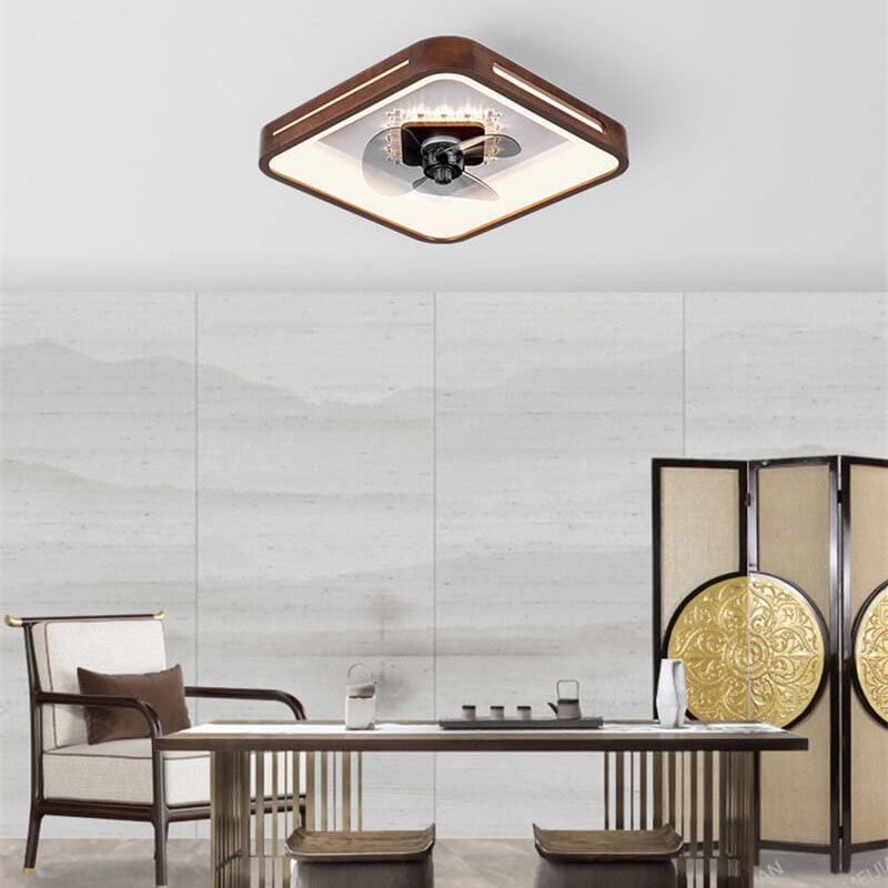 Chinese Walnut Round Acrylic LED Flush Mount Fan Light