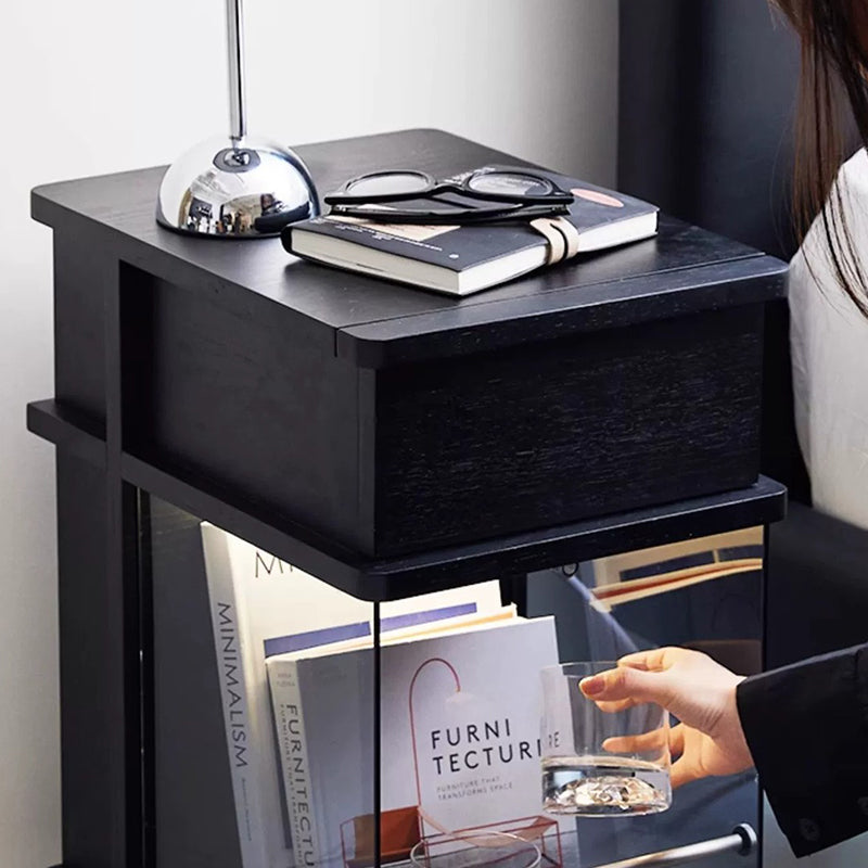 Minimalist Solid Wood Glass Square Nightstand 1-Cabinet