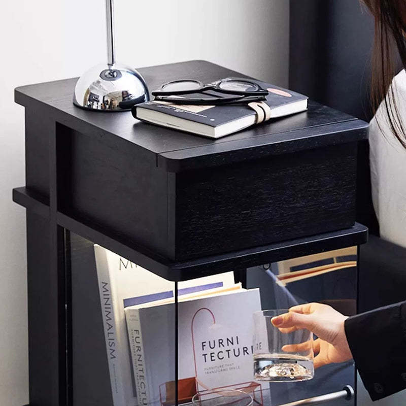 Minimalist Solid Wood Glass Square Nightstand 1-Cabinet