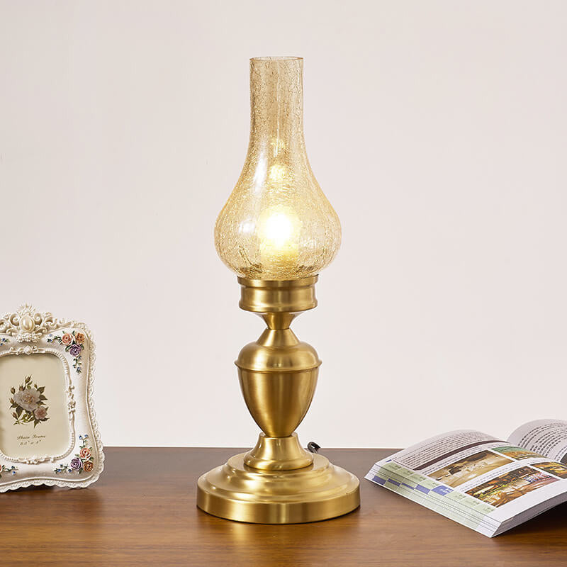 Vintage Brass Wood Glass Kerosene Table Lamp