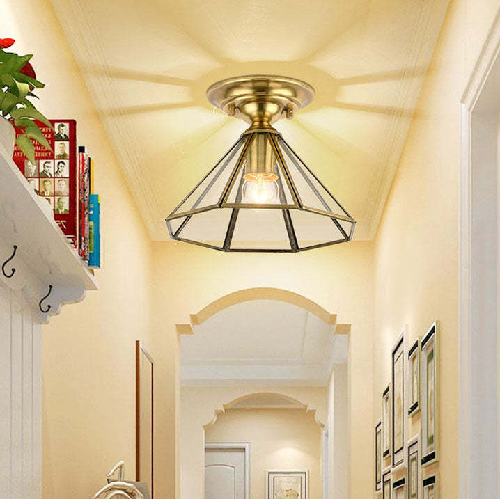 European Brass Glass Cone Ceiling Light