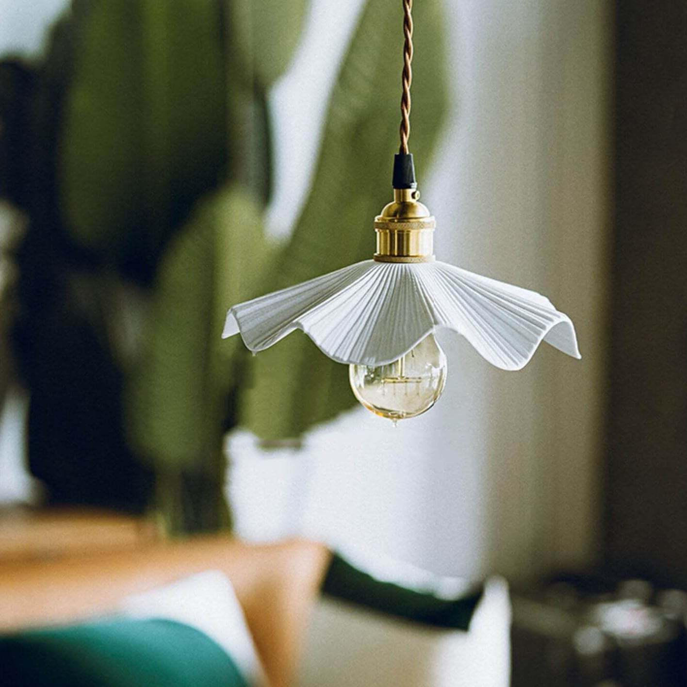 Vintage Japanese Ceramic Scalloped Copper Pendant Light