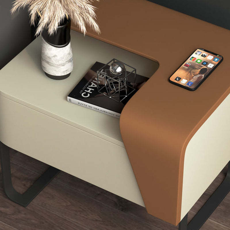 Contemporary Wood Steel Drawer Side Table — Black + Beige - Right