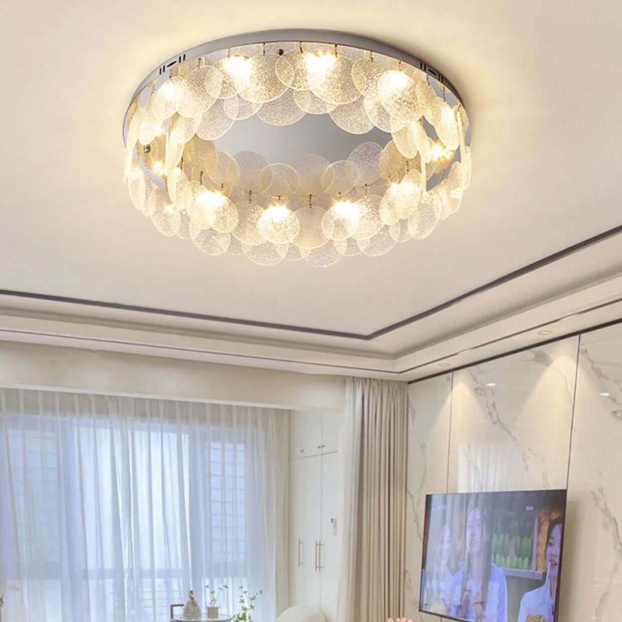 Stainless Steel Water Grain Glass Round 8-Light Flush Light