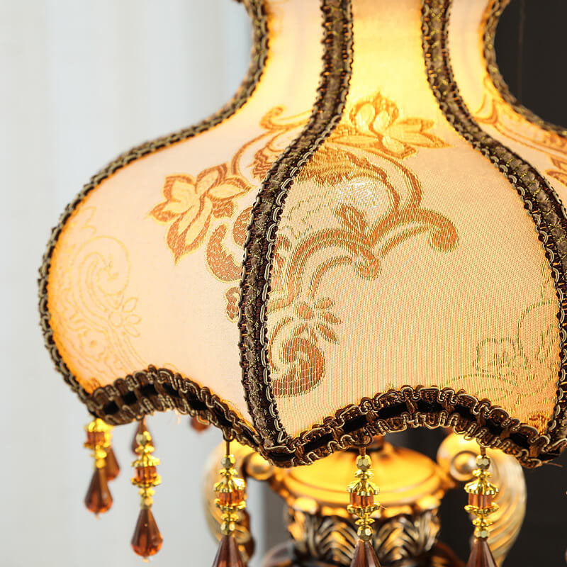European Vintage Fabric Beaded Resin Base Palace Table Lamp — Push Button Switch / 110V-120V For US/CA