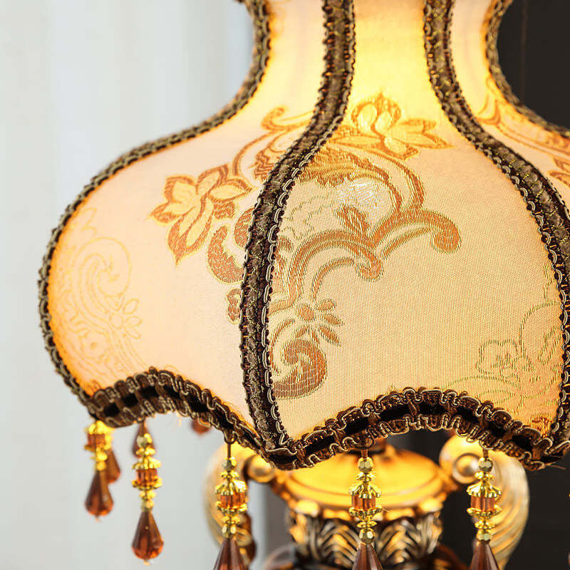 European Vintage Fabric Beaded Resin Base Palace Table Lamp — Push Button Switch / 110V-120V For US/CA