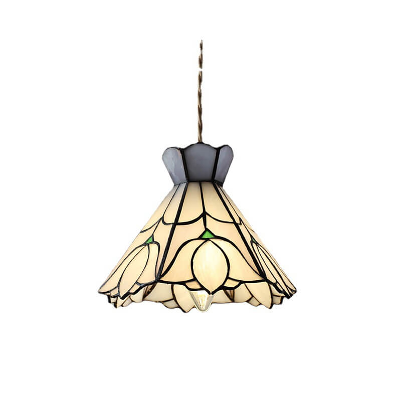 Vintage Tiffany Rose Conical Stained Glass Pendant Light