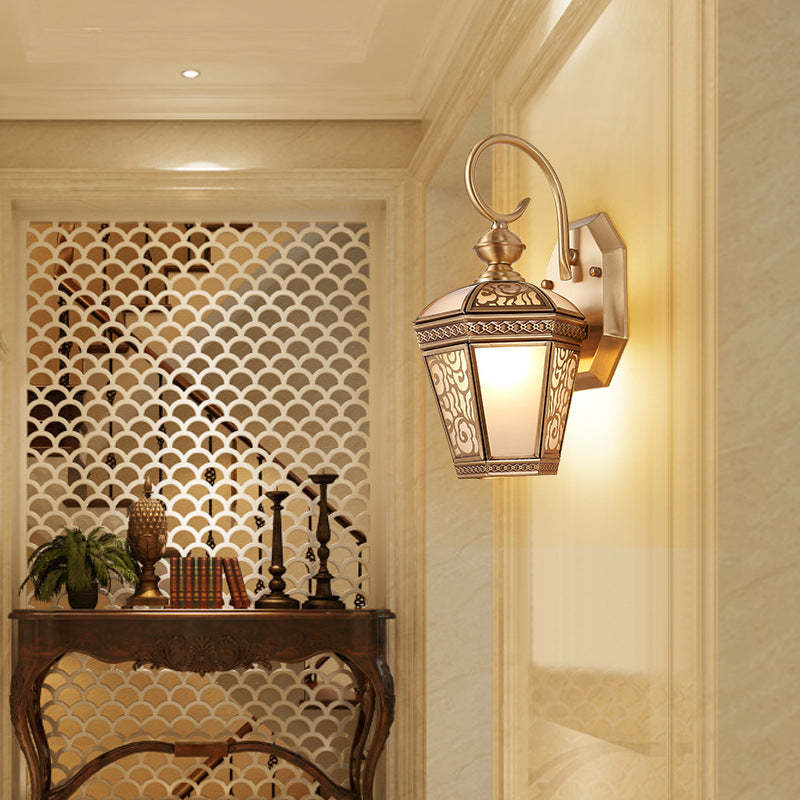 European Hexagonal Lantern Copper Glass Outdoor Wall Sconce