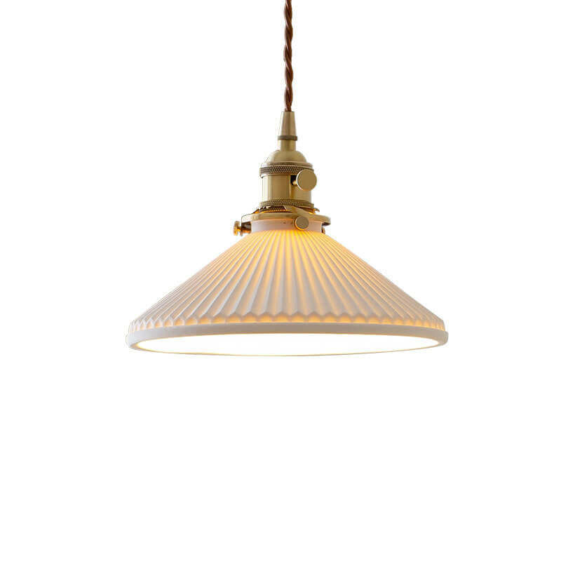 Japanese Pleated Ceramic Cone Brass Pendant Light