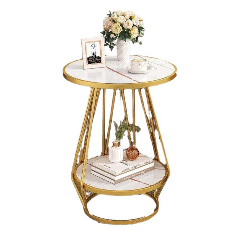 Contemporary Marble Metal Round Side Table 2-Tier Storage