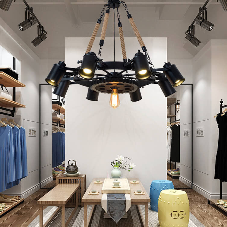 Industrial Retro Gear Wrought Iron Hemp Rope Chandelier