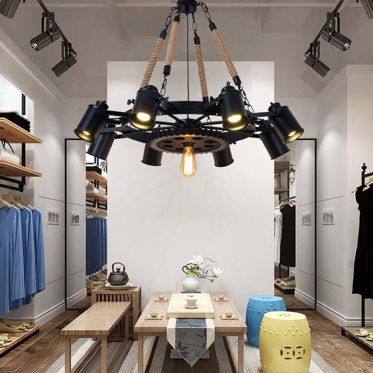 Industrial Retro Gear Wrought Iron Hemp Rope Chandelier