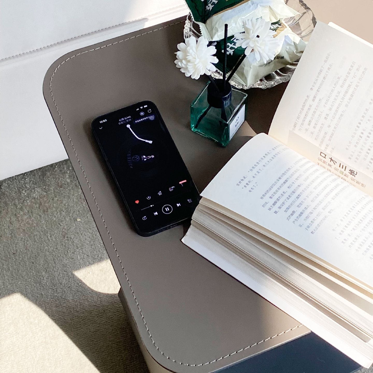 Contemporary C-Shape Saddle Leather Steel End Table