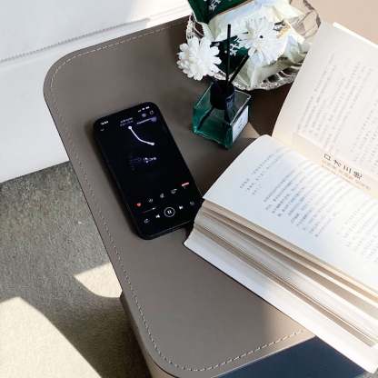 Contemporary C-Shape Saddle Leather Steel End Table