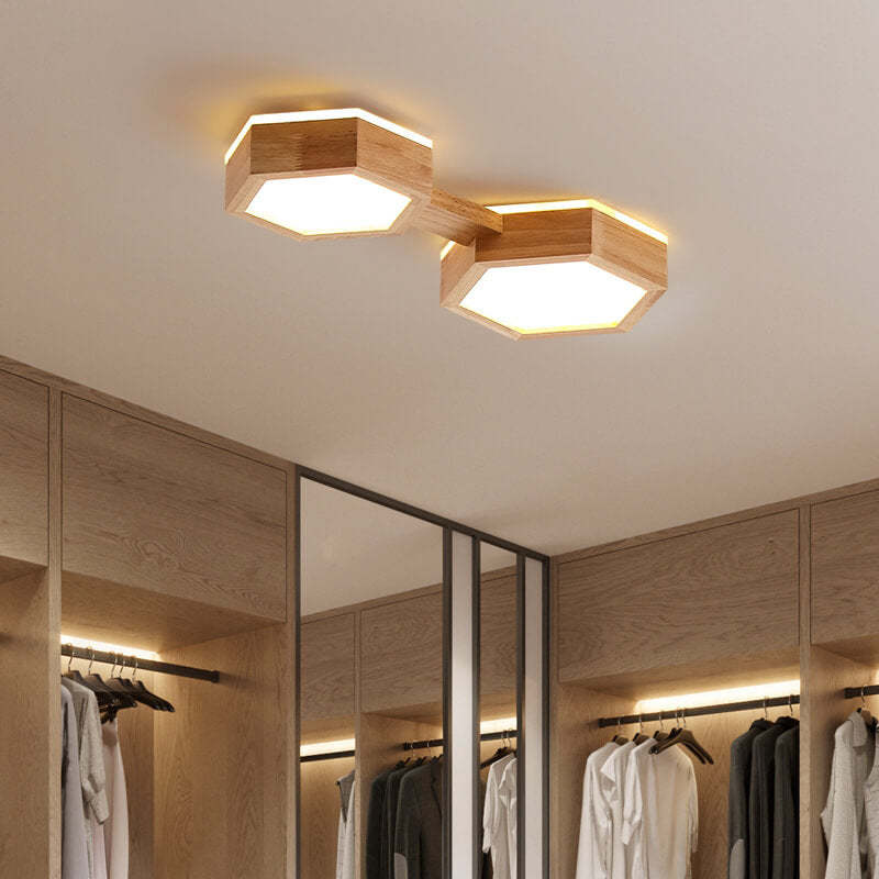 Modern Wooden Hexagonal LED Flush Mount Light