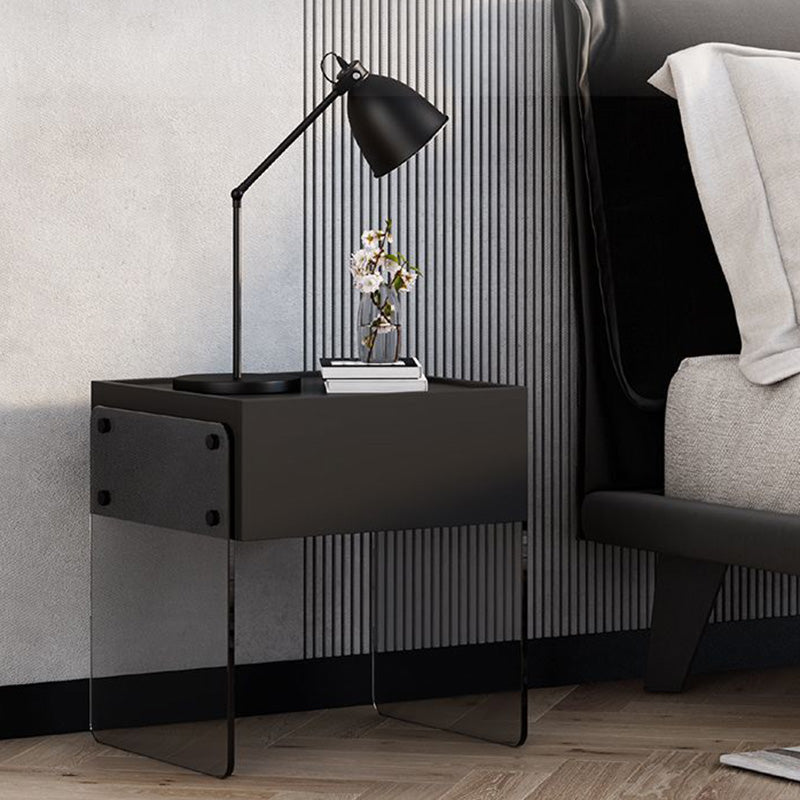 Minimalist Wood Plank Glass 1-Drawer Nightstand