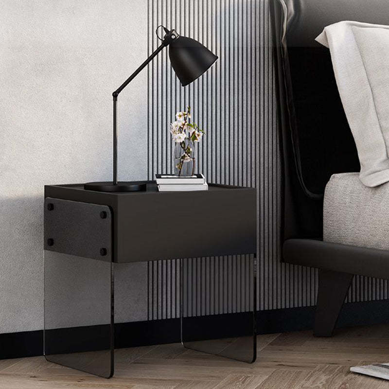 Minimalist Wood Plank Glass 1-Drawer Nightstand