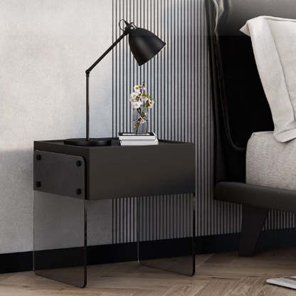 Minimalist Wood Plank Glass 1-Drawer Nightstand