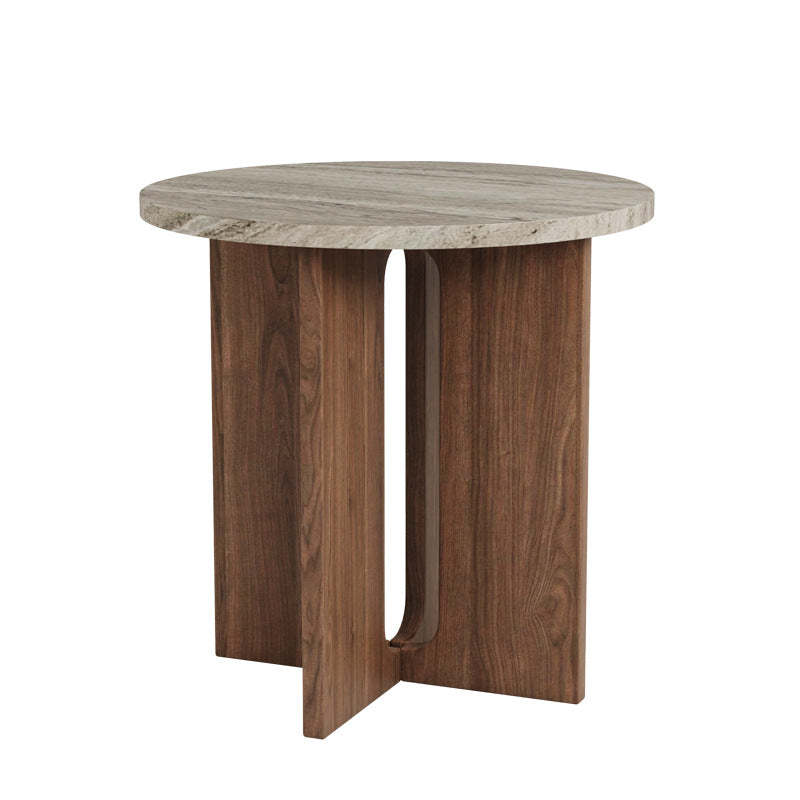 Vintage Cross-Base Travertine Wood Round Coffee Table