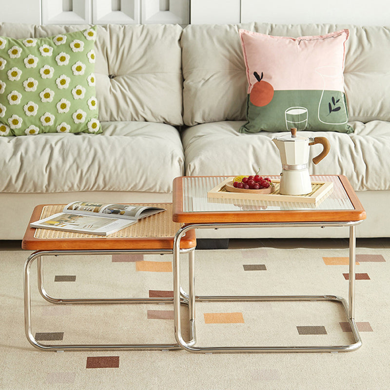 Nordic Square Glass Rattan Nesting Coffee Table