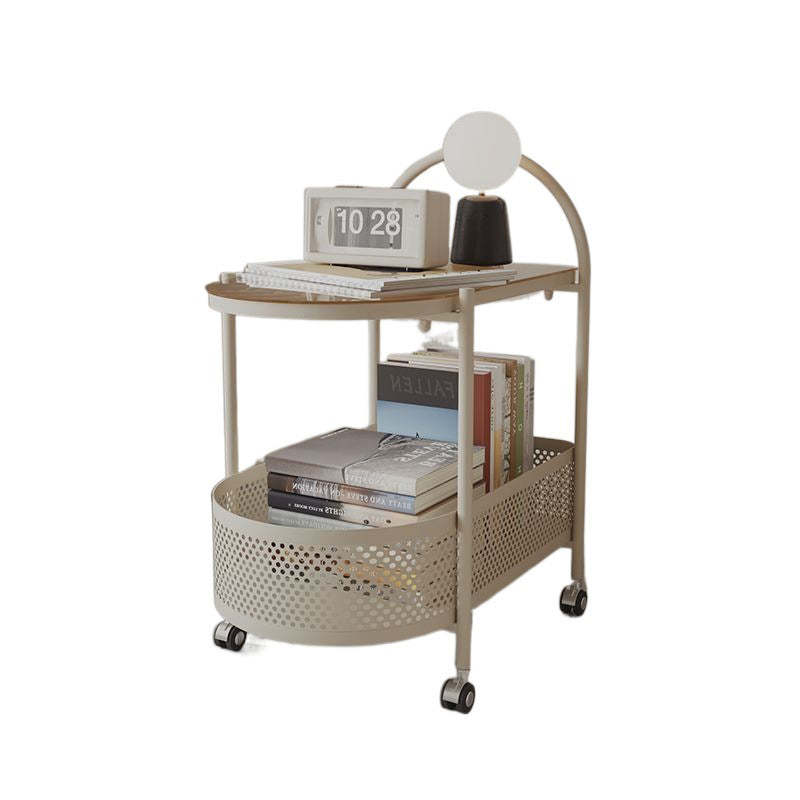 Contemporary Glass Iron Round Rolling Side Table 2-Tier