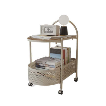 Contemporary Glass Iron Round Rolling Side Table 2-Tier
