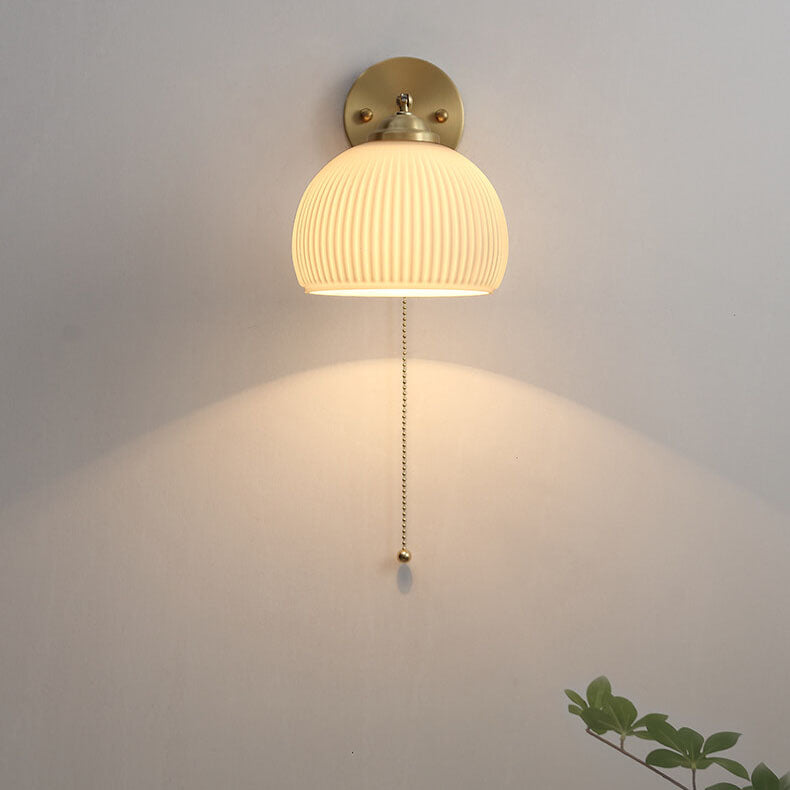 Nordic Striped Milk White Glass Brass Pull Cord Wall Sconce