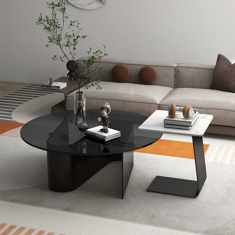 Minimalist Round Glass Slate Metal Coffee Table