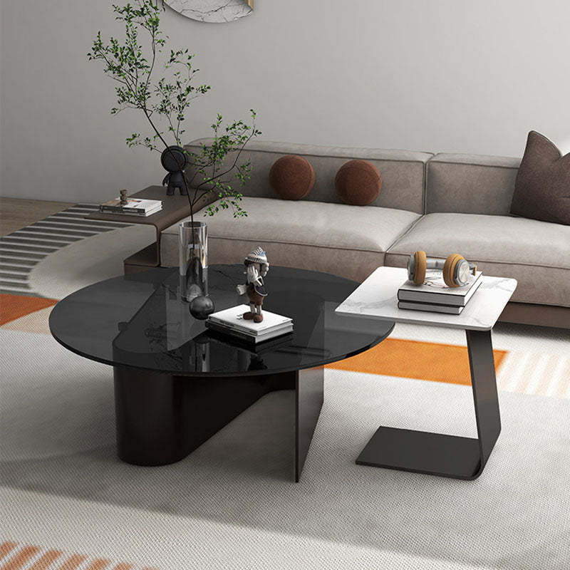 Minimalist Round Glass Slate Metal Coffee Table — A