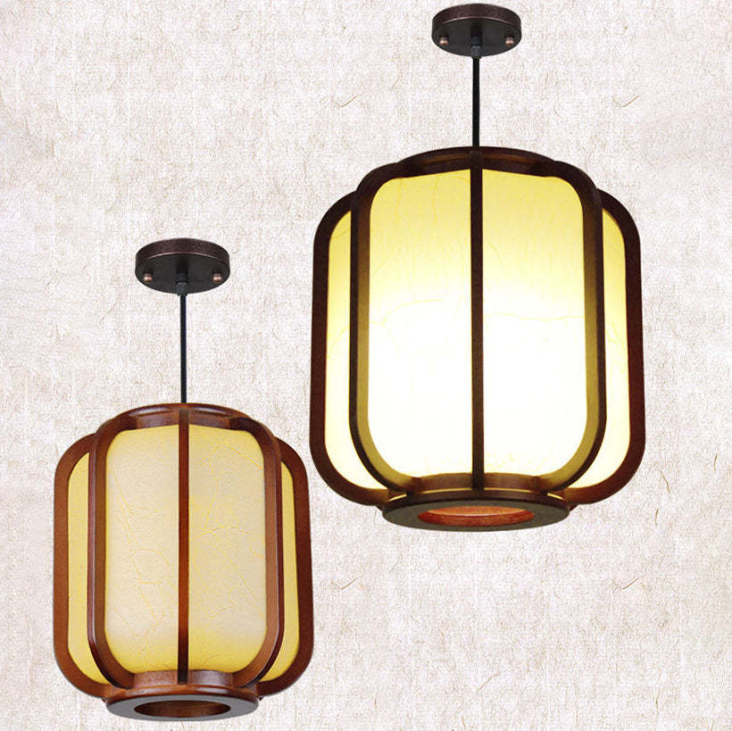 Modern Chinese Faux Sheepskin Wooden Lantern Pendant
