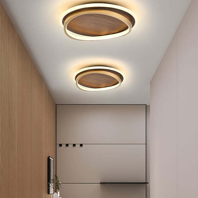 Nordic Minimalist Circular Walnut LED Flush Mount Light
