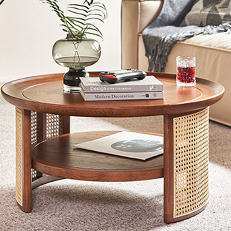 Japanese Round Woven Wood Coffee Table — Cherrywood Color