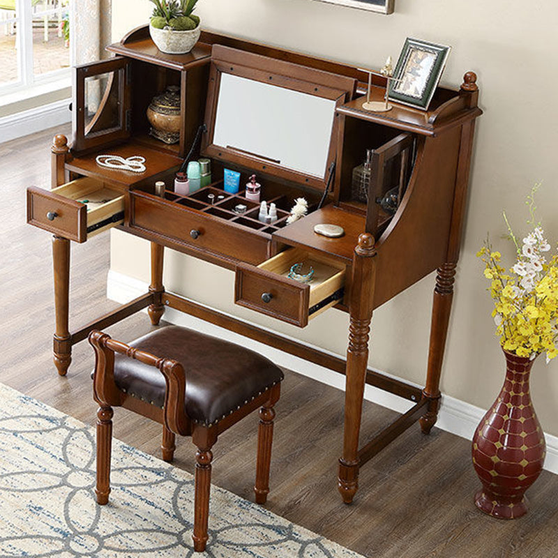 European Tufted Leather Low Back Vanity Stool — Walnut Color Frame + Brown Leather Upholstered