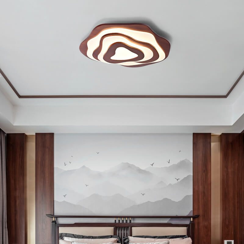 Modern Chinese Solid Wood Textured Geometric LED Flush Light