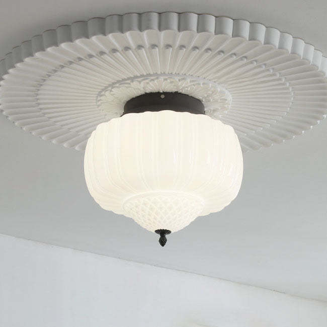 Art Deco Iron Pumpkin Glass 3-Light Flush Ceiling Light