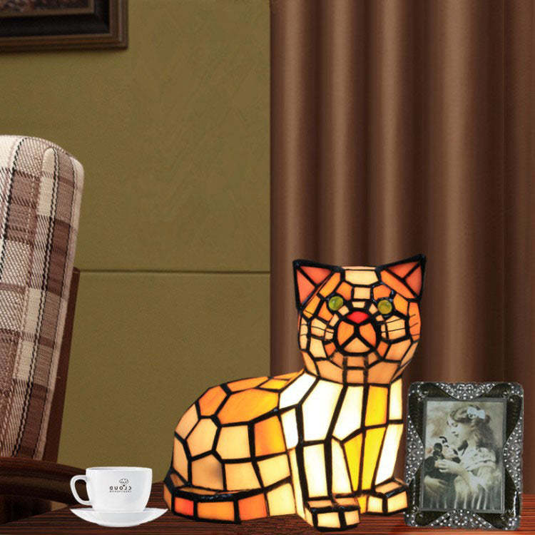 Traditional Tiffany Stained Glass Cat Table Lamp