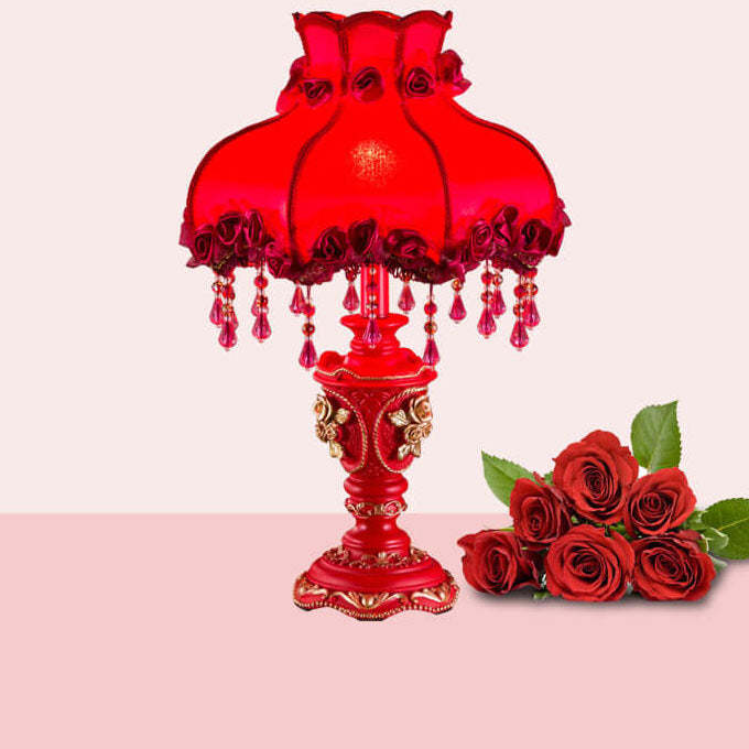 European Wedding Red Fabric Tassel Resin Table Lamp