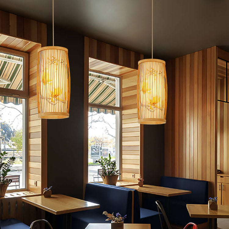 Modern Chinese Cylinder Waist Drum Bamboo Pendant Light